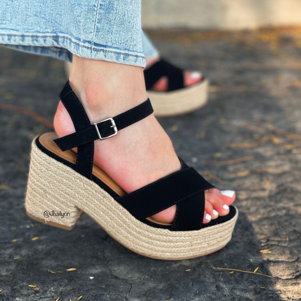 Black jute platform block heel sandal